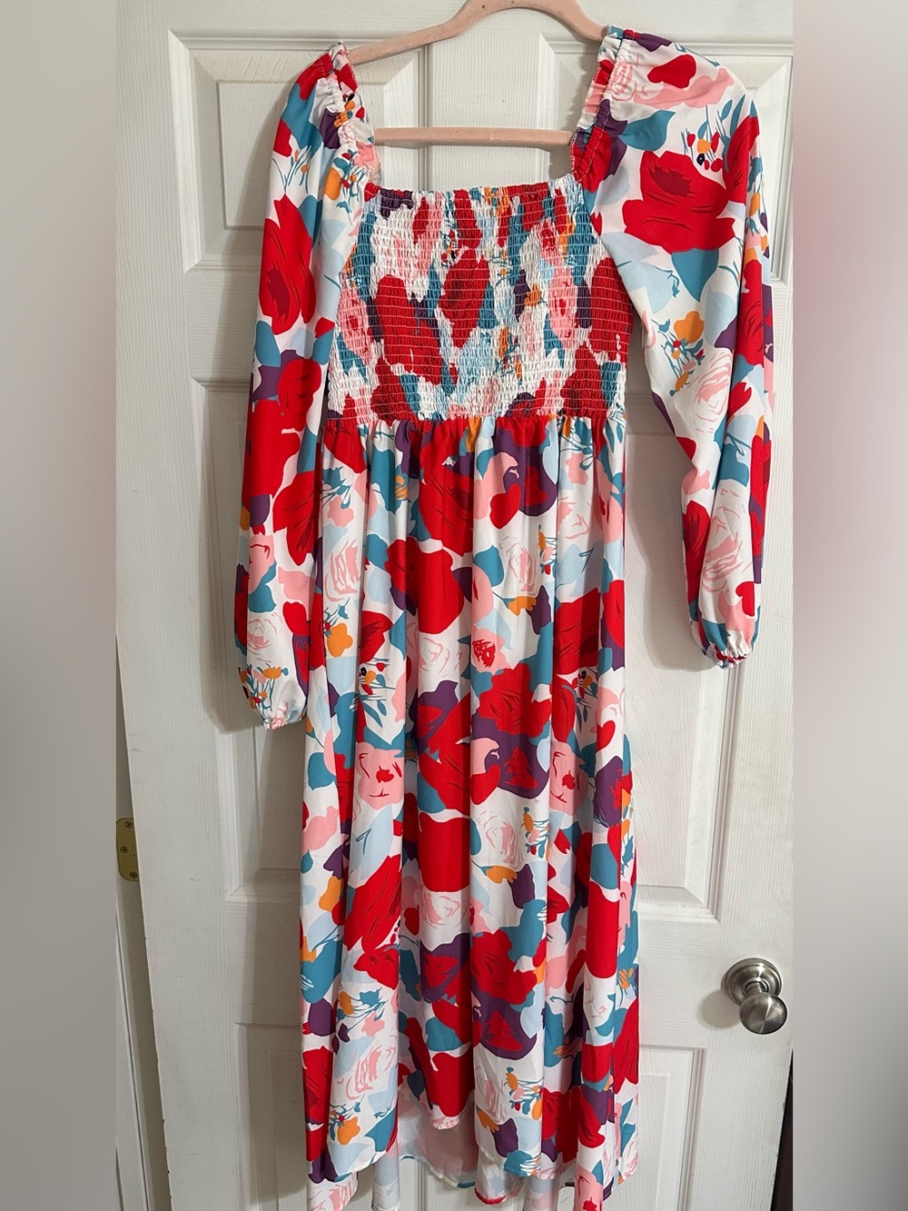 Women’s Red Floral Smocked Maxi Dress High Low Fit Off Shoulder Bubble Sleeve
